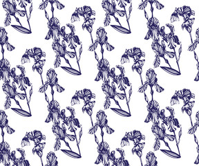 Vector Iris flowers seamless pattern. Hand drawn ink illustration. Wallpaper or fabric design vector illustration