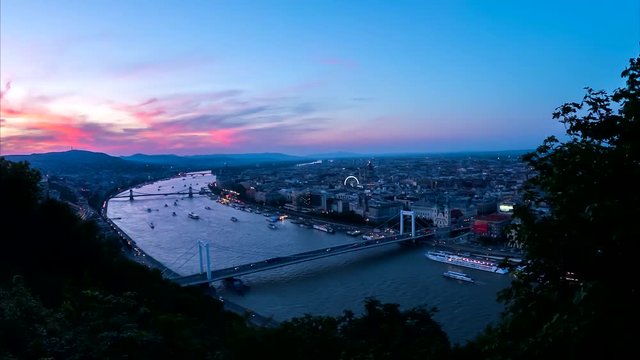 View from Citadella of Budapest. Time Lapse of danube river from sunset to night, Hungary