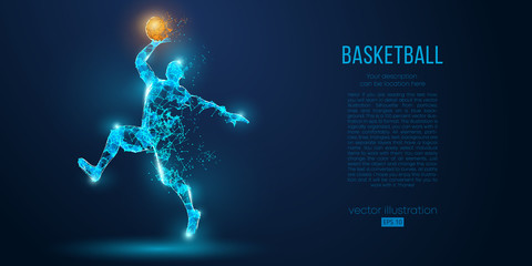 Obraz na płótnie Canvas Abstract basketball player from particles, lines and triangles on blue background. All elements on a separate layers, color can be changed to any other. Low poly neon wire outline geometric vector