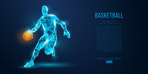 Abstract basketball player from particles, lines and triangles on blue background. All elements on a separate layers, color can be changed to any other. Low poly neon wire outline geometric vector © matrosovv