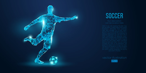 Abstract soccer player, footballer from particles on blue background. All elements on a separate layers, color can be changed to any other. Low poly neon wire outline geometric football player. Vector