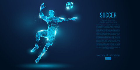 Abstract soccer player, footballer from particles on blue background. All elements on a separate layers, color can be changed to any other. Low poly neon wire outline geometric football player. Vector © matrosovv