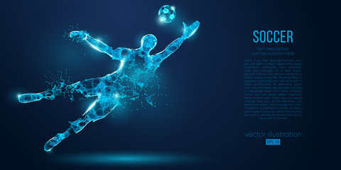 Abstract soccer player, footballer from particles on blue background. All elements on a separate layers, color can be changed to any other. Low poly neon wire outline geometric football player. Vector © matrosovv