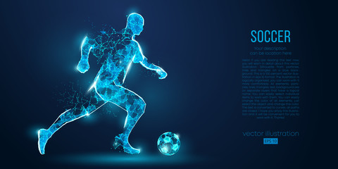 Abstract soccer player, footballer from particles on blue background. All elements on a separate layers, color can be changed to any other. Low poly neon wire outline geometric football player. Vector © matrosovv