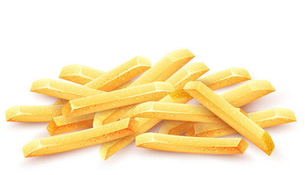 French fries. Roasted potato chips in deep fat fry oil potatoes. Yellow sticks. Fastfood. Unhealthy tasty food. Horizontal banner, isolated on white background. Eps10 vector illustration.