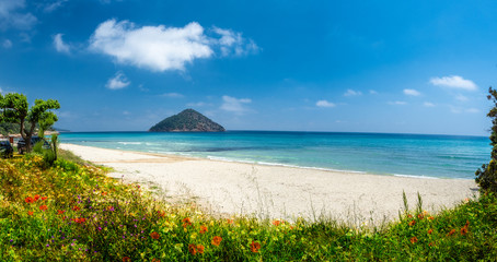 Landscape with amazing Paradise Beach on Thassos, Aegean Sea, Greece - obrazy, fototapety, plakaty