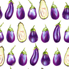 Purple eggplant illustration. Watercolor seamless pattern of vegetables, raw eggplants. Hand-drawn healthy food.