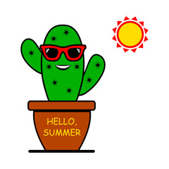Hello, Summer. Cartoon emoticon cactus with sunglasses and sun. Vector illustration