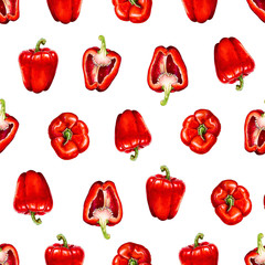 Red bell pepper. Watercolor seamless pattern of vegetables, raw red pepper. Hand-drawn healthy food.