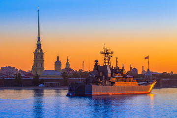 St. Petersburg. Russia. Day of the Navy of Russia. Naval parade. Military destroyer on the Neva....