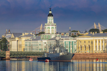 St. Petersburg. Russia. The military power of Russia. Naval parade. Military destroyer at the pier...