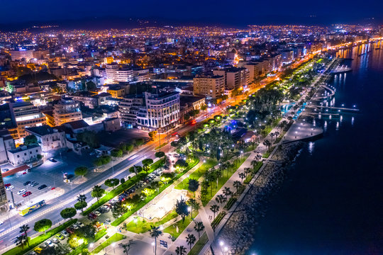Limassol. Cyprus night panorama. Lit at night Limassol streets. Molos embankment. Beach promenade Limassol from the height. Mediterranean sea coastline. The Cyprus beaches. Travel in Cyprus seaside.