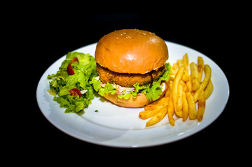 A white plate setup showing a delicious ready to eat juicy burger with a patty, lettuce & mayonnaise, served along with a side of golden-brown crisp French Fries & a salad made of lettuce etc