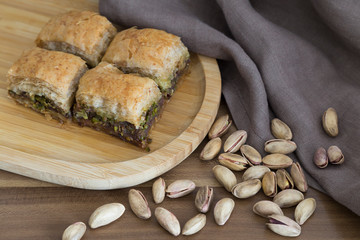 Turkish style Antep baklava with walnut, pistachio for presentation and service 