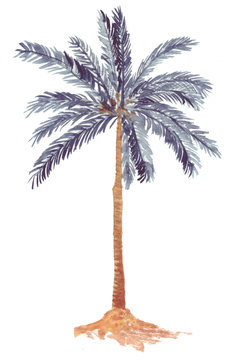 Lonely blue palm tree standing on a sandy island in the middle of the ocean, swaying in the wind and leaning towards the water. Watercolor hand drawn illustration