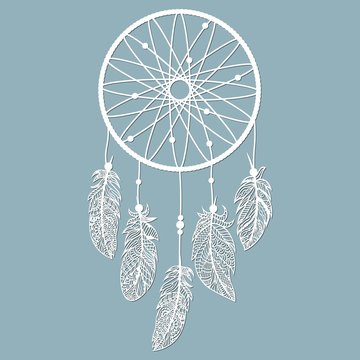 Dream catcher with feathers, laser cut, ritual thing. American boho spirit. Hand drawn sketch vector illustration for tattoos or t-shirt print. Template for laser, plotter cutting.