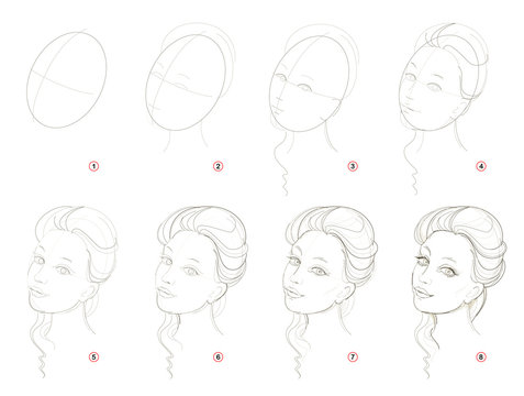 How create step by step pencil drawing. Page shows how to learn successively draw imaginary beautiful girl. Print for artists school textbook. Developing skills for design. Hand-drawn vector image.
