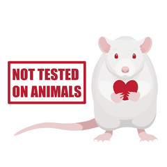 Not tested on animals symbol. White rat holding red heart vector illustration and stamp with text.