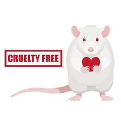 Cruelty free symbol. White rat holding red heart vector illustration and stamp with text.