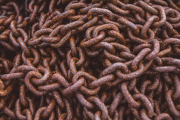Abstract of Thick Rusty Chain Background Image. Top view. Copy space. Can use as banner.
