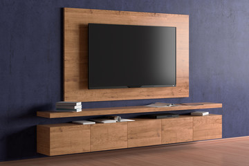 TV screen on the wall with wooden plate above the cabinet in modern living room