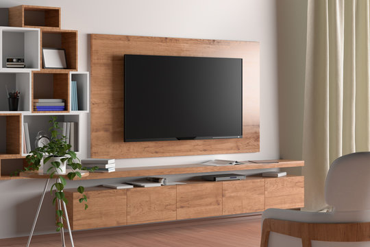 TV screen on the wall with wooden plate above the cabinet in modern living room