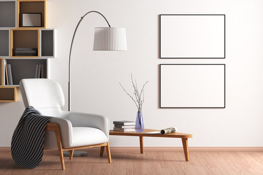 Blank poster mock up with black frame on the wall in living room interior
