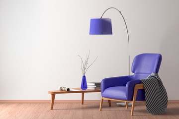 Interior of living room with armchair, coffee table, floor lamp