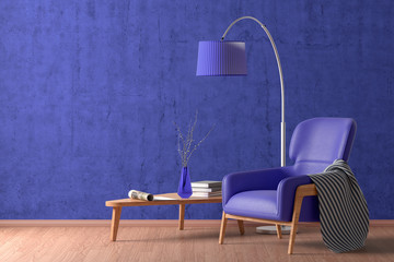 Fototapeta na wymiar Interior of living room with armchair, coffee table, floor lamp