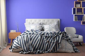 Bedroom  interior with bed with duvet, bedding and pillows