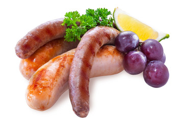Fried sausages. Homemade sausages from turkey (chicken) fried isolated on white background. Meat product. catering.