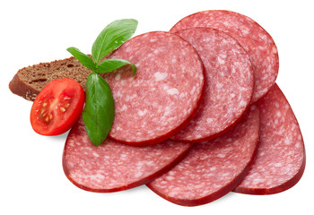 Cooking concept: Semi smoked sausage slice isolated on white