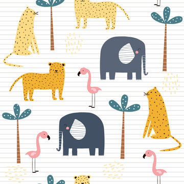 Seamless pattern with african animals. Cute kids print. Vector hand drawn illustration.