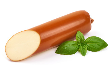 Dutch smoked cheese sausage, macro, isolated on white background