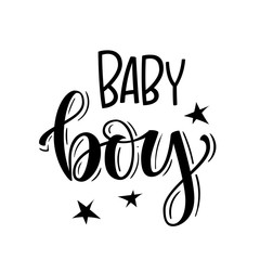 Baby boy logo quote. Baby shower hand drawn grotesque lettering, calligraphy phrase. Simple vector text for cards, invintations, prints. Stars, heart, fluorishes decor. Landscape design.