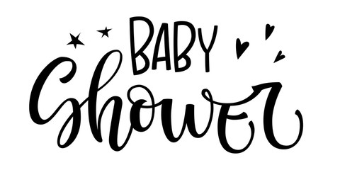 Baby shower logo quote. Baby shower hand drawn lettering, calligraphy phrase. Simple vector text for cards, invintations, prints. Stars, heart, fluorishes decor. Landscape design.
