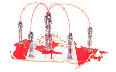 Obraz premium Mobile communications in Canada, cell towers on the map. 3D rendering