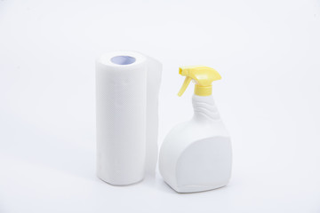 Laundry Detergent white spray with disposable fabric towel isolated