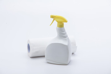 Laundry Detergent white spray with disposable fabric towel isolated