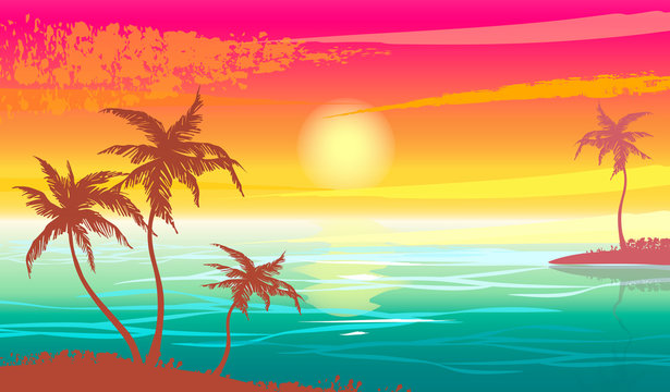 Tropical landscape with sea, sunset and silhouettes of palm trees. Vector illustration.