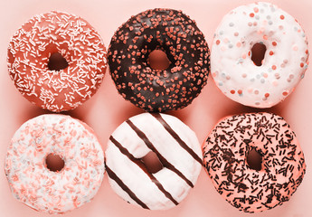 Delicious donuts on light pastel color background.