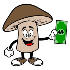 Shiitake Mushroom with a Dollar - A cartoon illustration of a Shiitake Mushroom Mascot.