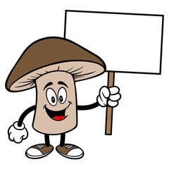 Shiitake Mushroom with a Sign - A cartoon illustration of a Shiitake Mushroom Mascot.