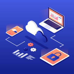 Web development. Cross platform . Isometric concept illustration. Isometric cloud services. Data storage and exchange with laptop, smartphone and tablet concept. Internet technology