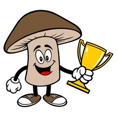 Shiitake Mushroom with a Trophy - A cartoon illustration of a Shiitake Mushroom Mascot.