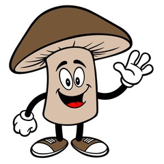 Shiitake Mushroom Waving - A cartoon illustration of a Shiitake Mushroom Mascot.