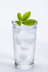 Glass of cold ice water with green leaf on white background