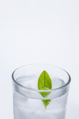 Glass of cold ice water with green leaf on white background