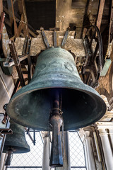 Bell of the St Mark's Campanile (San Marco), Venice, Italy. Ancient big bells inside belfry....