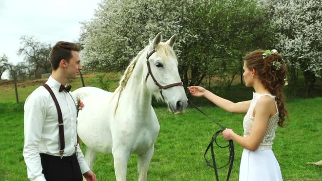 White horse in wedding day outside with bride and groom and caressing jipo head wedding teepee making background in nature.